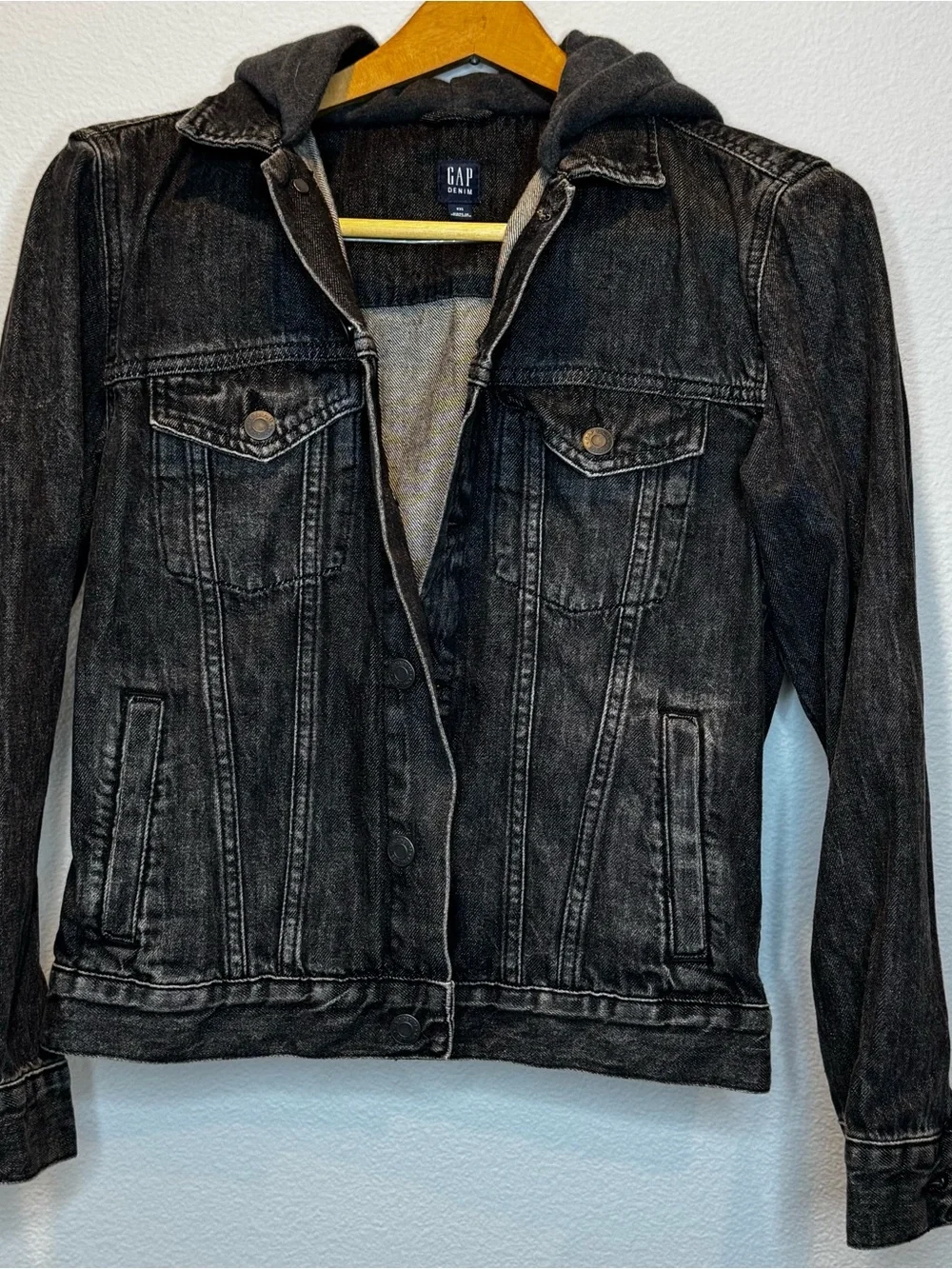 GAP Black Washed Denim Jacket with Hood